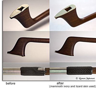 Bow before and after repair - mammoth ivory and lizard skin used